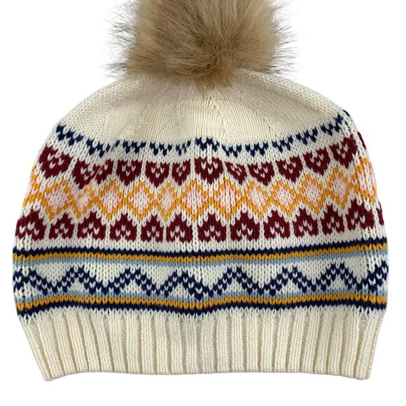 Hanna Andersson Pom Pom Hat Knit Beanie Cream Faux Fur Girls M - Picture 2 of 6